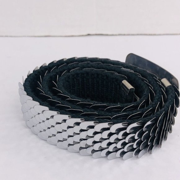 Vintage 80s Womens Silver Tone Expandable Scale Cinch Belt With Buckle 26" -28" - Picture 8 of 8